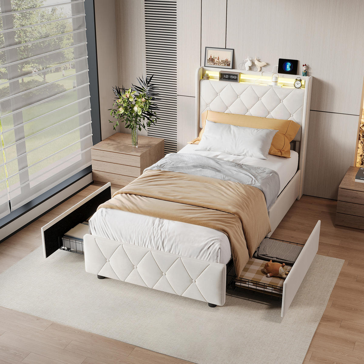 POLSTERBETT 90x200 cm, Zwei Schubladen mit Rollen, RGB LED, USB-/Typ-C-Anschlüsse, Samtstoff, Beige - Beige, Holz (90/200cm) - BRILVERDE