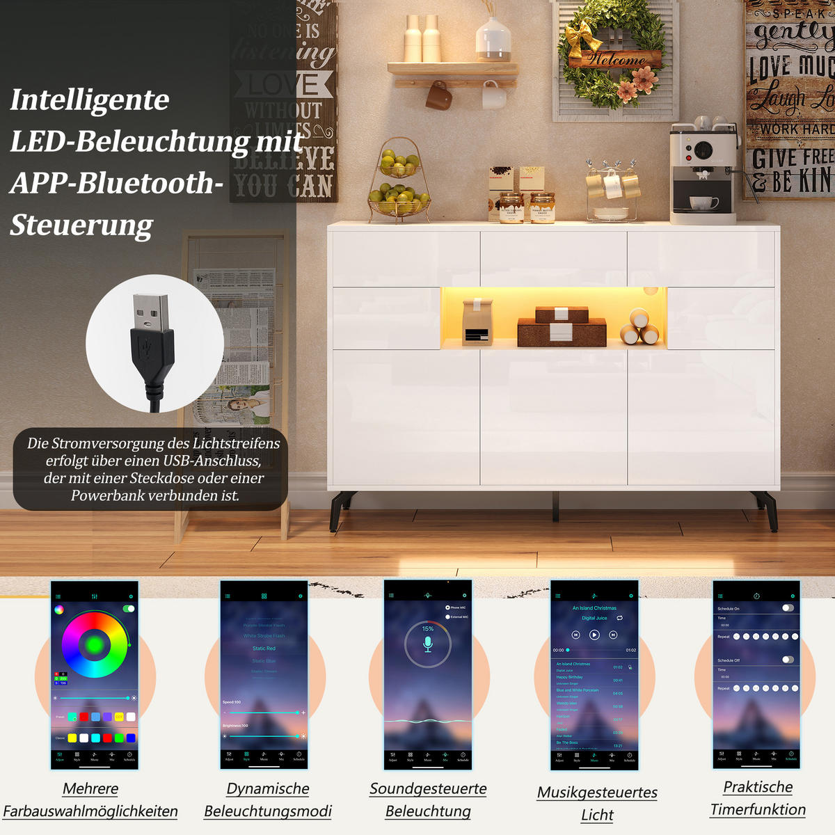 SIDEBOARD 140 cm Hochglanz-Kommode mit 3 Schubladen, 5 Schränken & LED-Lichtleiste Weiß - Weiß Hochglanz, Holzwerkstoff (140/94/30cm) - Urban Meuble