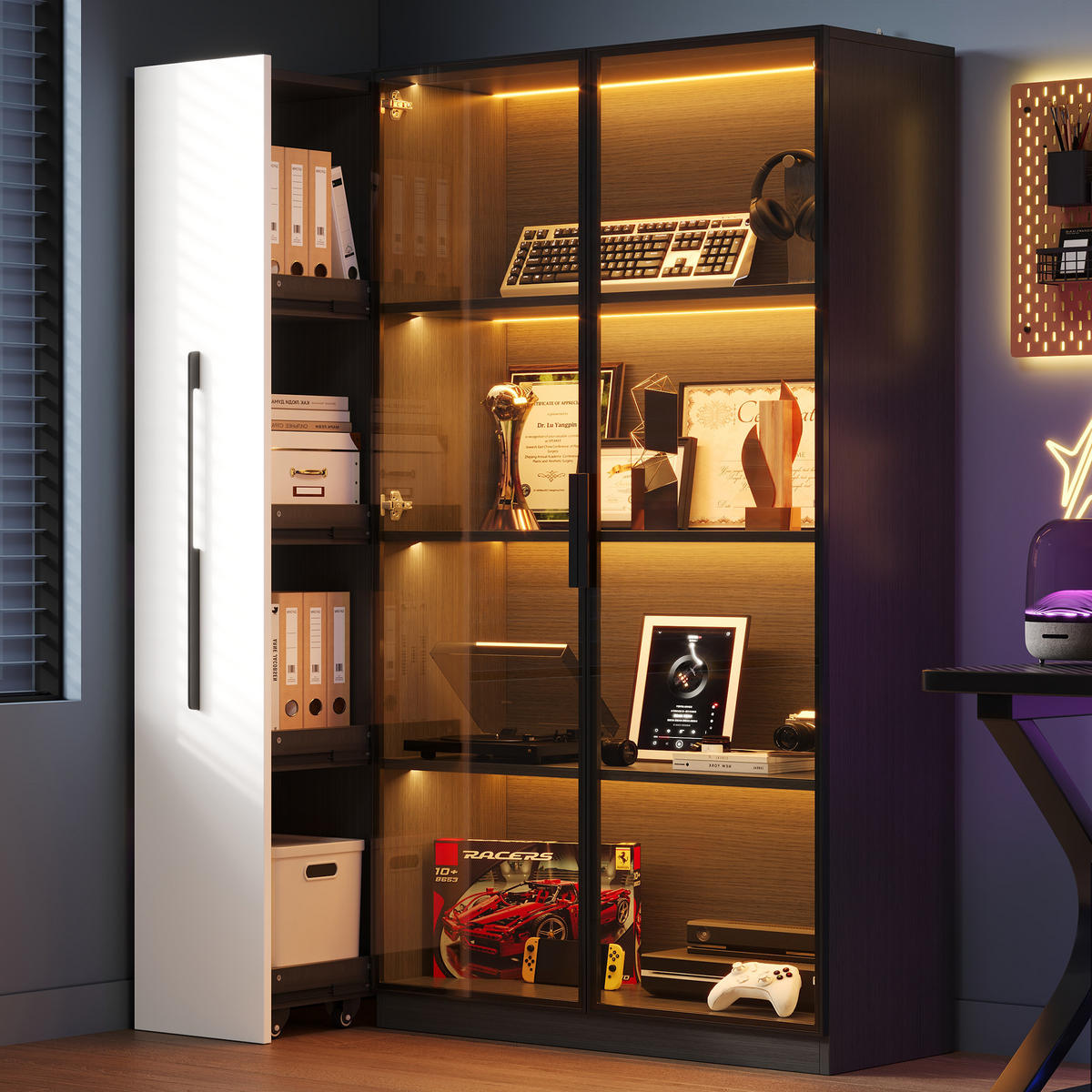VITRINE 110cm Weiß Schwarz Glas LED Rollschrank modern - Schwarz, Holzwerkstoff (110/160/35cm) - FLIEKS