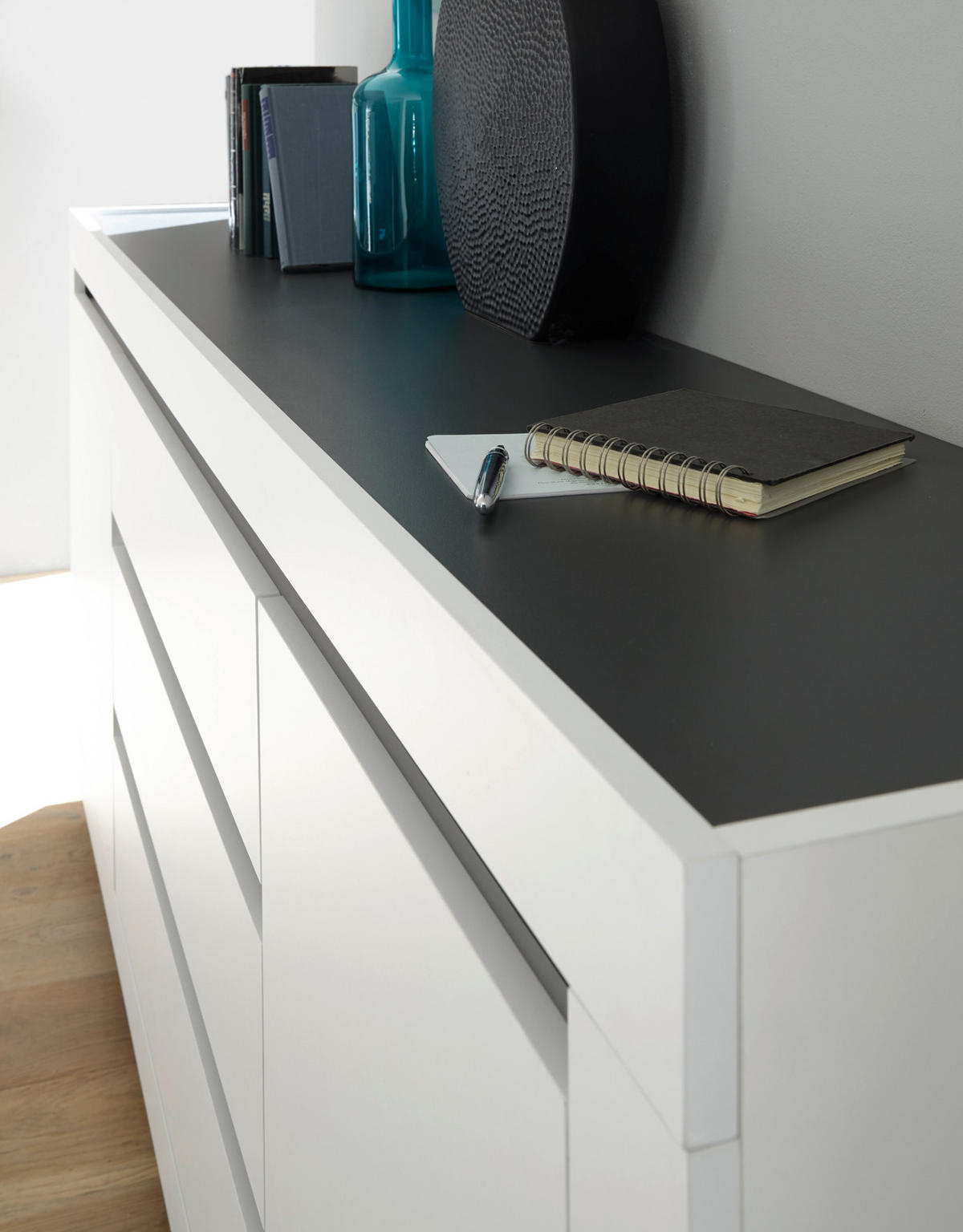 SIDEBOARD weiß, anthrazit, Wohnzimmer- Esszimmer- Kommode 200 x 91 cm - Weiß Hochglanz/Anthrazit, Holzwerkstoff (200/91/38cm) - Furn.Design