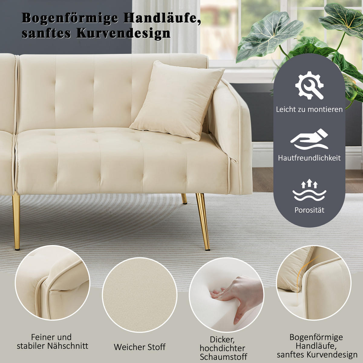 2-SITZER Sofabett Samt mit verstellbarer Rückenlehne und Armlehnen Beige 178/82/70 cm - Beige, Textil (82/70/178cm) - Redom
