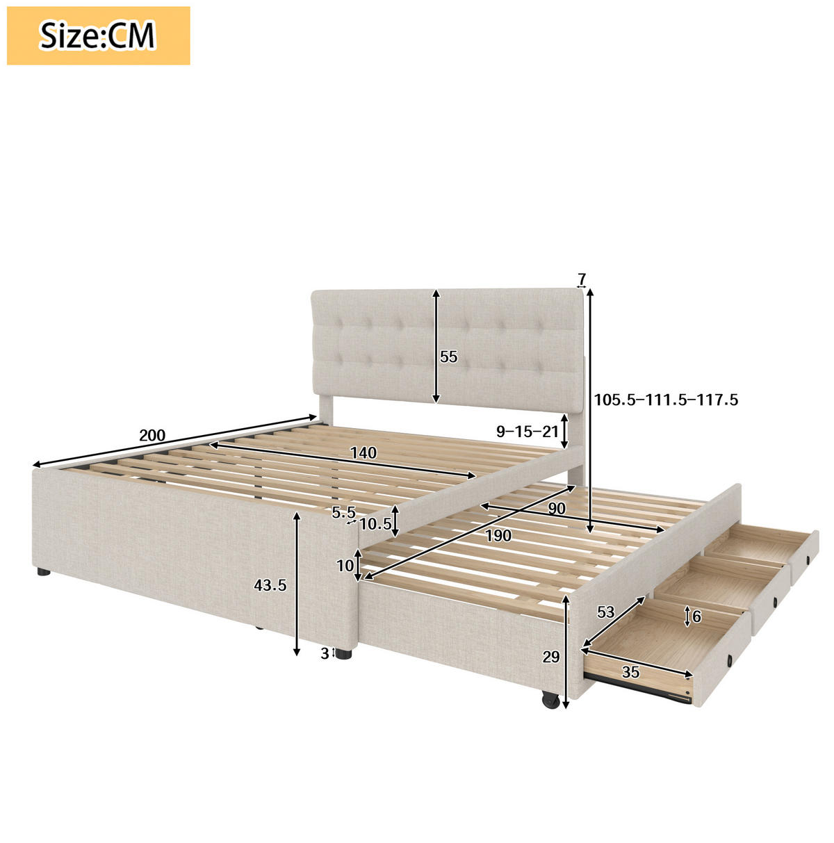 POLSTERBETT aus Leinen 140x200 cm Beige mit Ausziehbett, 3 Schubladen und verstellbarem Kopfteil - Beige, Textil (140/200cm) - IVMEU