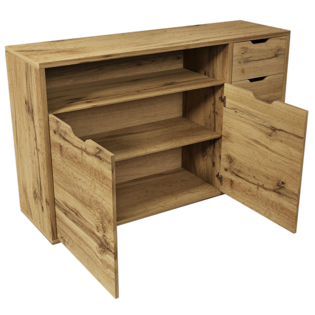 SIDEBOARD aus MDF und Metall 150x40x90 cm Eichefarben/Schwarz mit 2 Türen, 4 Schubladen, offenem Fach und Softclose - Eichefarben, Holzwerkstoff (150/90/40cm) - Modfu