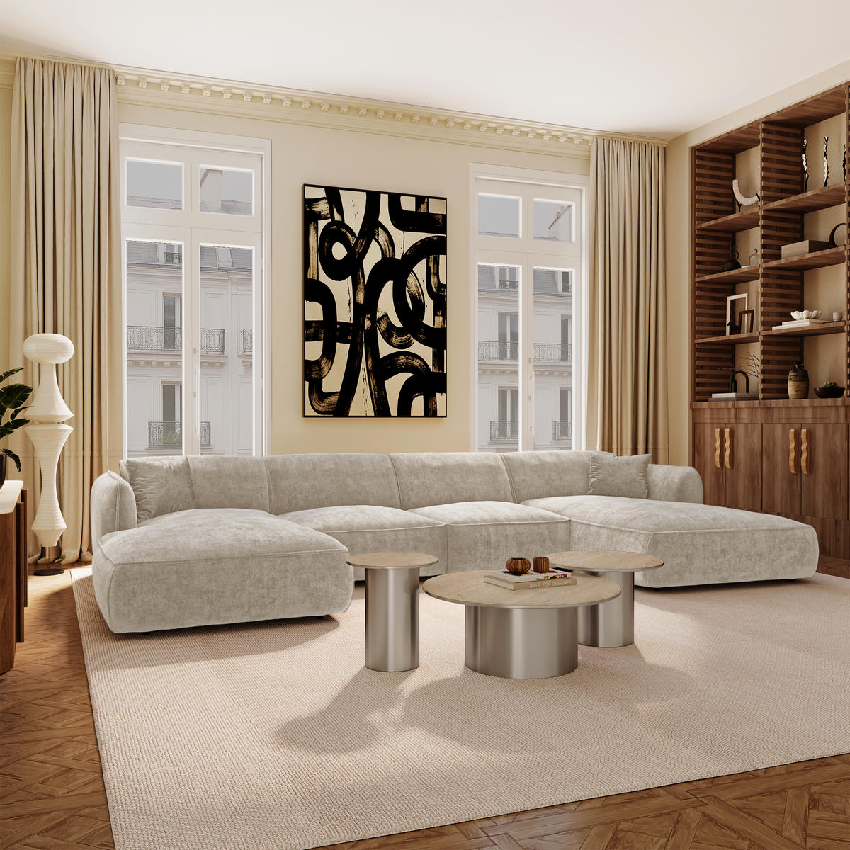PANORAMA-SOFA LOMI Geprägter Samt Taupe 346cm - Taupe, Textil (346/76/166cm) - Premium Interiors