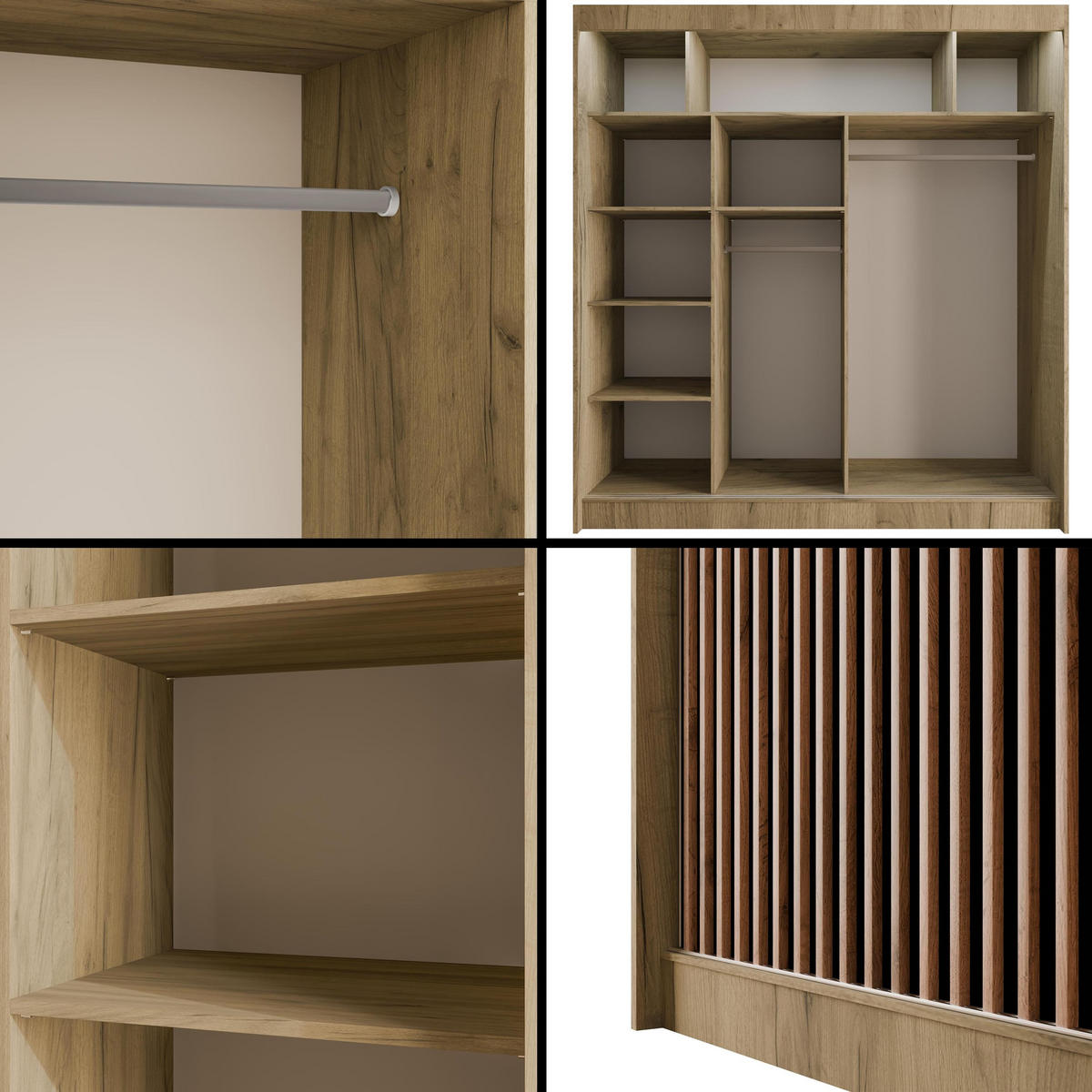 KLEIDERSCHRANK mit LED, Lamel-Schiebetüren VILANv2 - 200 cm Eiche Kraft + Lamelle Eiche Wotan - Hellbraun/Eiche Wotan, Holzwerkstoff (200/215/61cm) - ALTDECOR