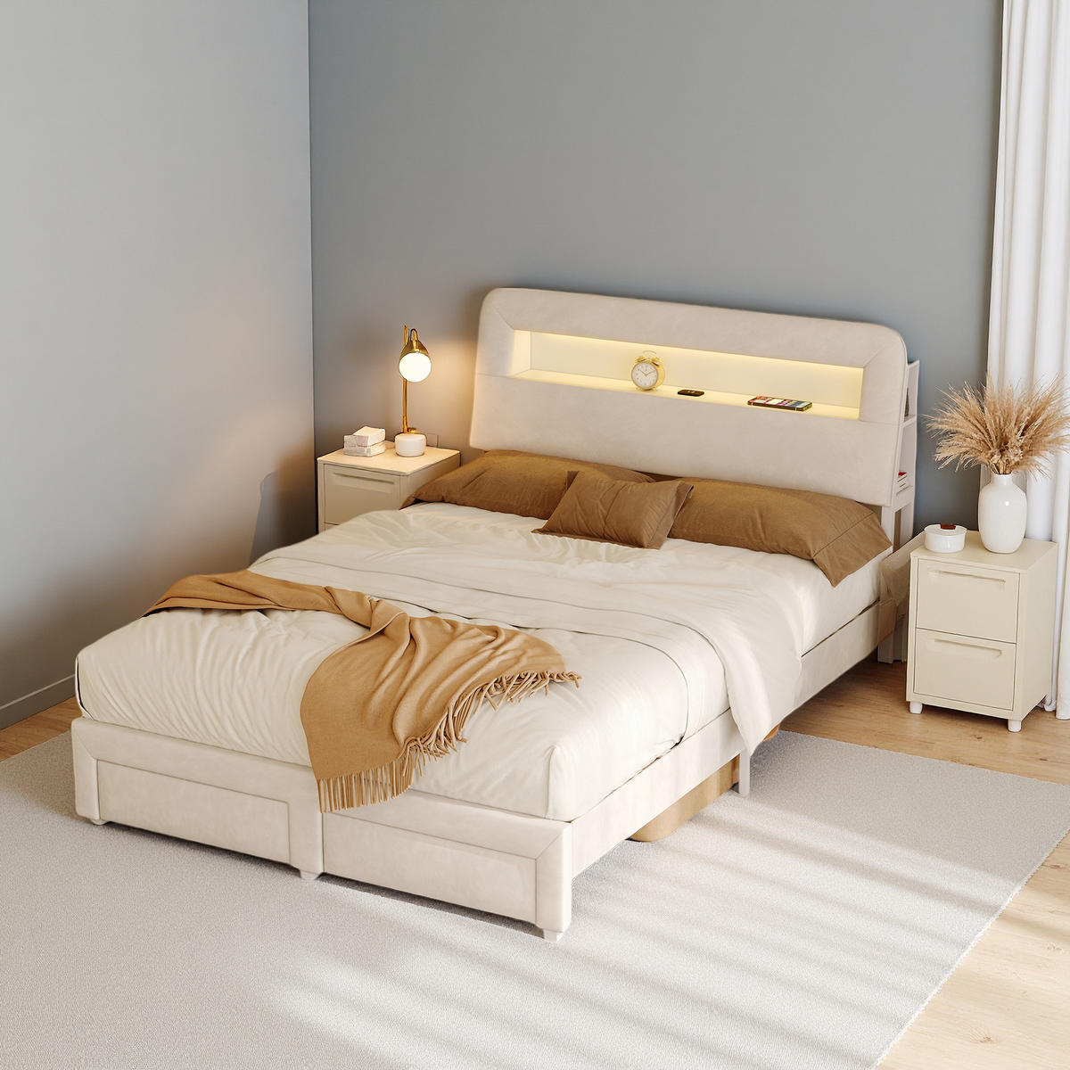 POLSTERBETT 140x200 Beige LED USB Stauraum - Beige, Holz - SHOPENTRA
