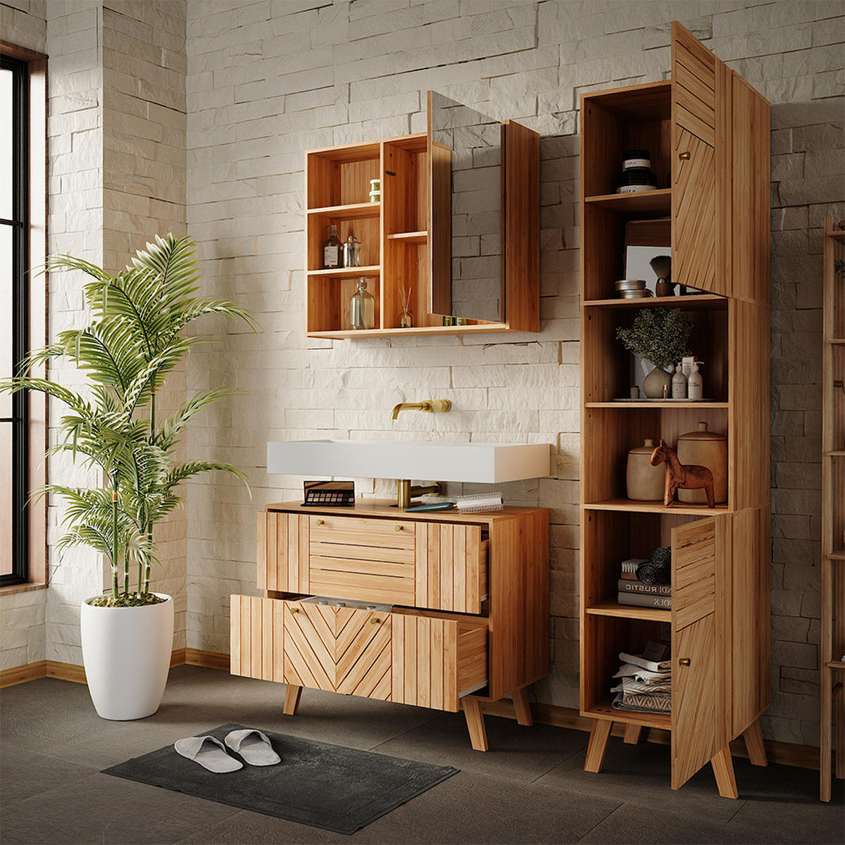 BADMÖBEL-SET Lucie Bambus 3 Teile - Grün, Holzwerkstoff (80/65/36cm) - Vicco