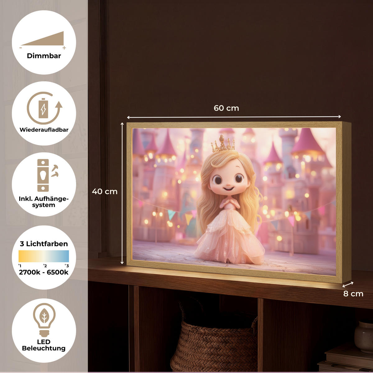 NACHTTISCHLAMPE MIT AKKU Prinzessin - Rosa - Schloss 60x40 cm - Rosa, Holzwerkstoff (8/60/40cm) - OnlyWow