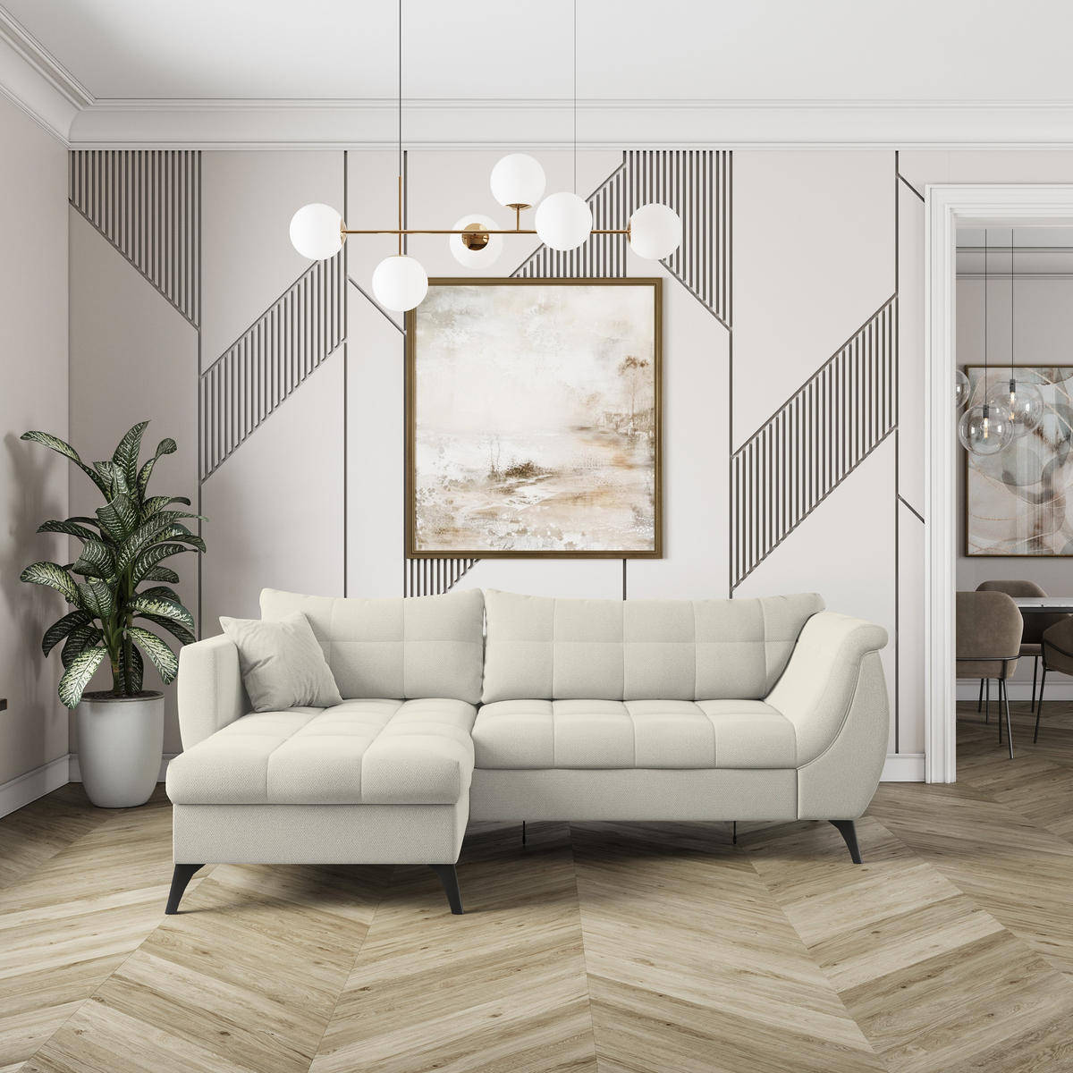 ROHOVÁ SEDAČKA MOLLIS krémová - černá/krémová, kov/dřevo (241/154cm) - MASSENO