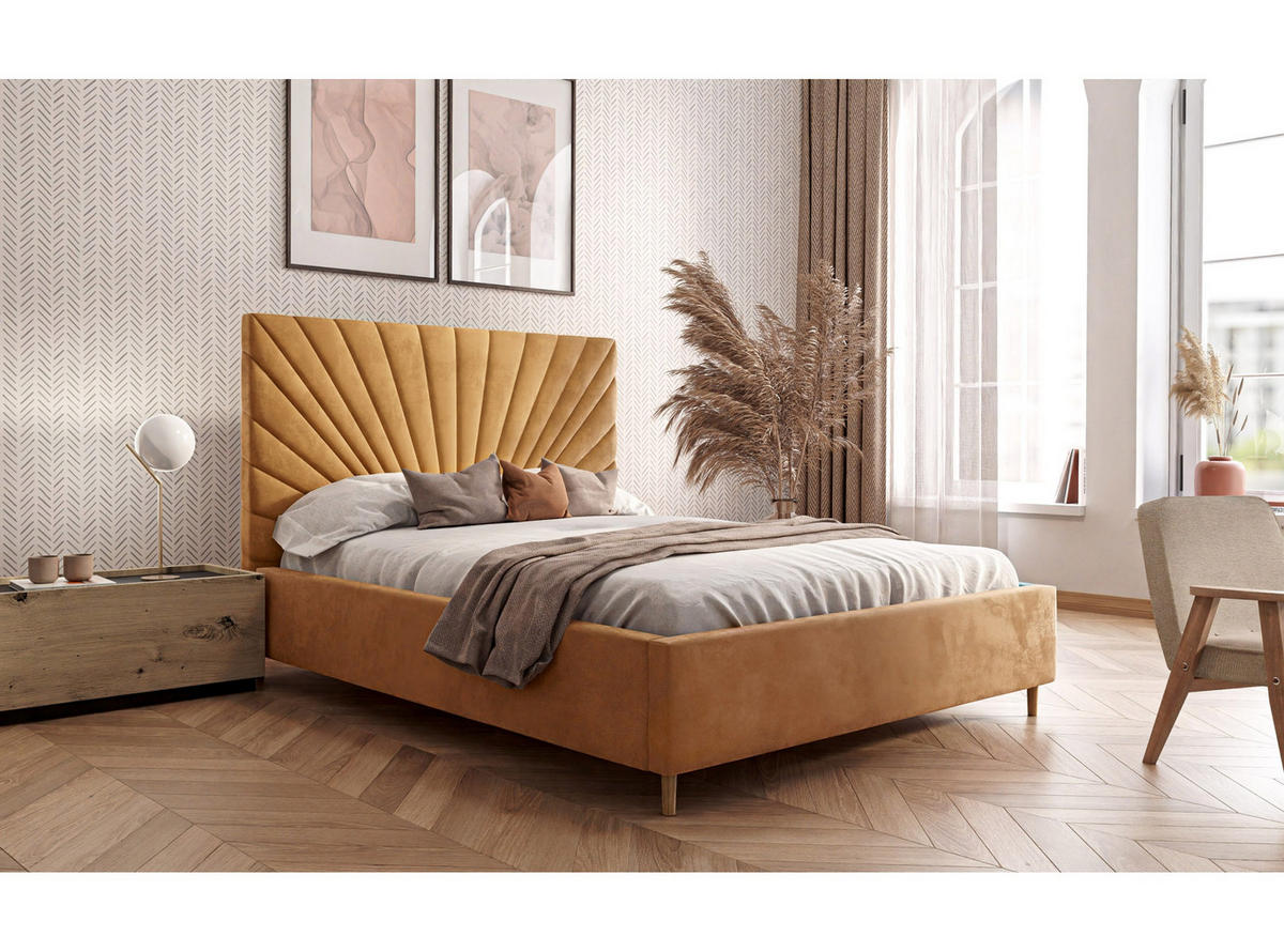 POLSTERBETT SUNNY 140x200 cm Magic Velvet 2215, 34 Holzlatten, Kopfteil 131 cm - Gelb, Textil (140/200cm) - Lookway