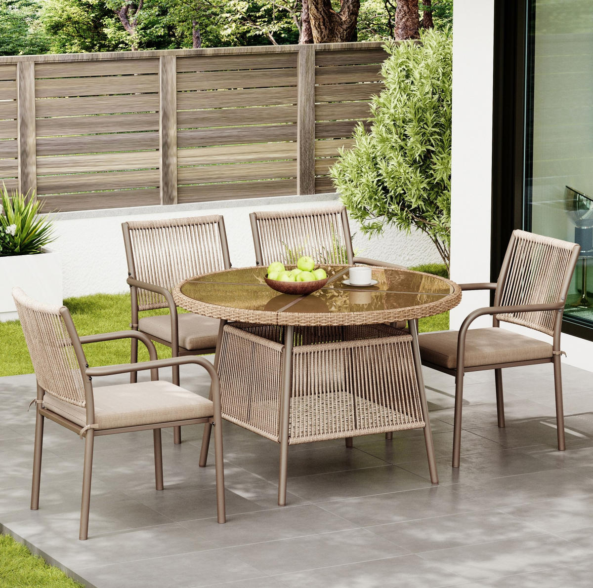 GARTENMÖBEL-SET 110/110/74 cm mit rundem Glastisch, 4 Sesseln und Sitzkissen, Braun - Braun, Metall - Redom