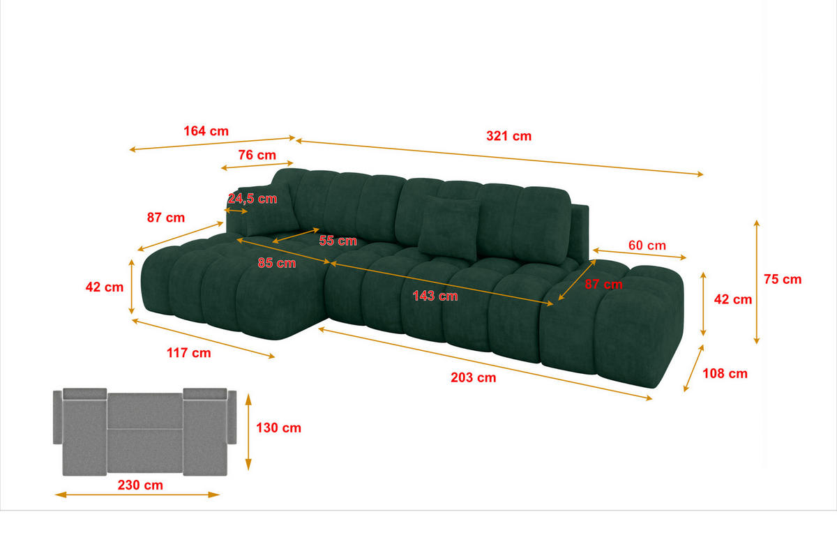 ECKSOFA mit Schlaffunktion Ottomane Links OLEA-L2 321x164x75 Grün Velours - Schwarz/Hellgrün, Holzwerkstoff/Kunststoff (321/164cm) - ALTDECOR