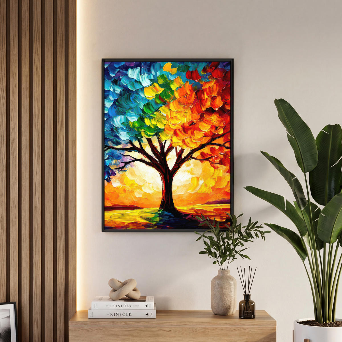LEINWAND Bilder mit Rahmen - Baum - Kunst - Natur - Sonnenuntergang - 50x70 - Multicolor, Textil (50/70cm) - MuchoWow