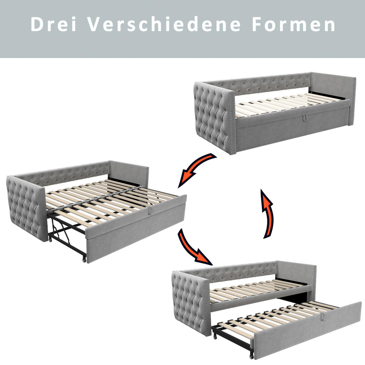 AUSZIEHBETT 90/200 cm DE-01636, in Hellgrau, mit Lattenrost - Hellgrau, Metall (90/200cm) - ComfortXL
