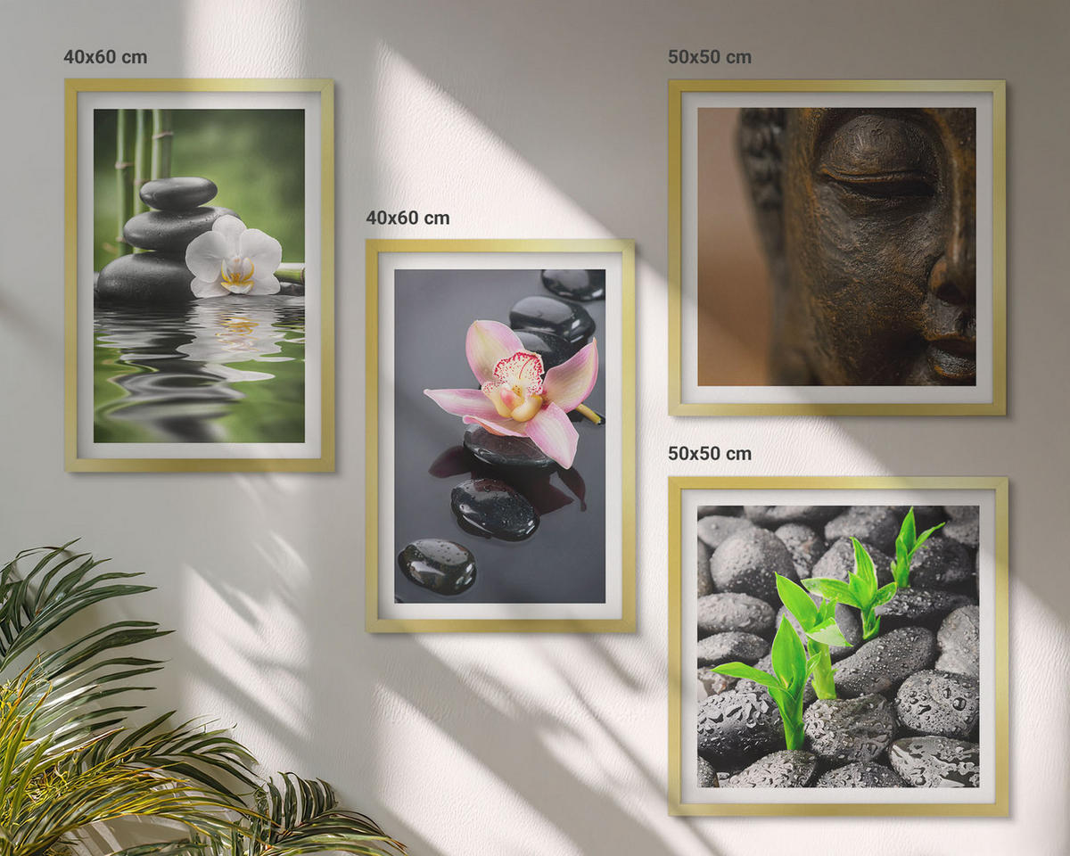 BILDER SET 4er Set - 50x50 cm & 40x60 cm Goldrahmen - Friedliche Zen-Blumen-Buddha-Komposition - Goldfarben, Kunststoff (50/50cm) - TULUP