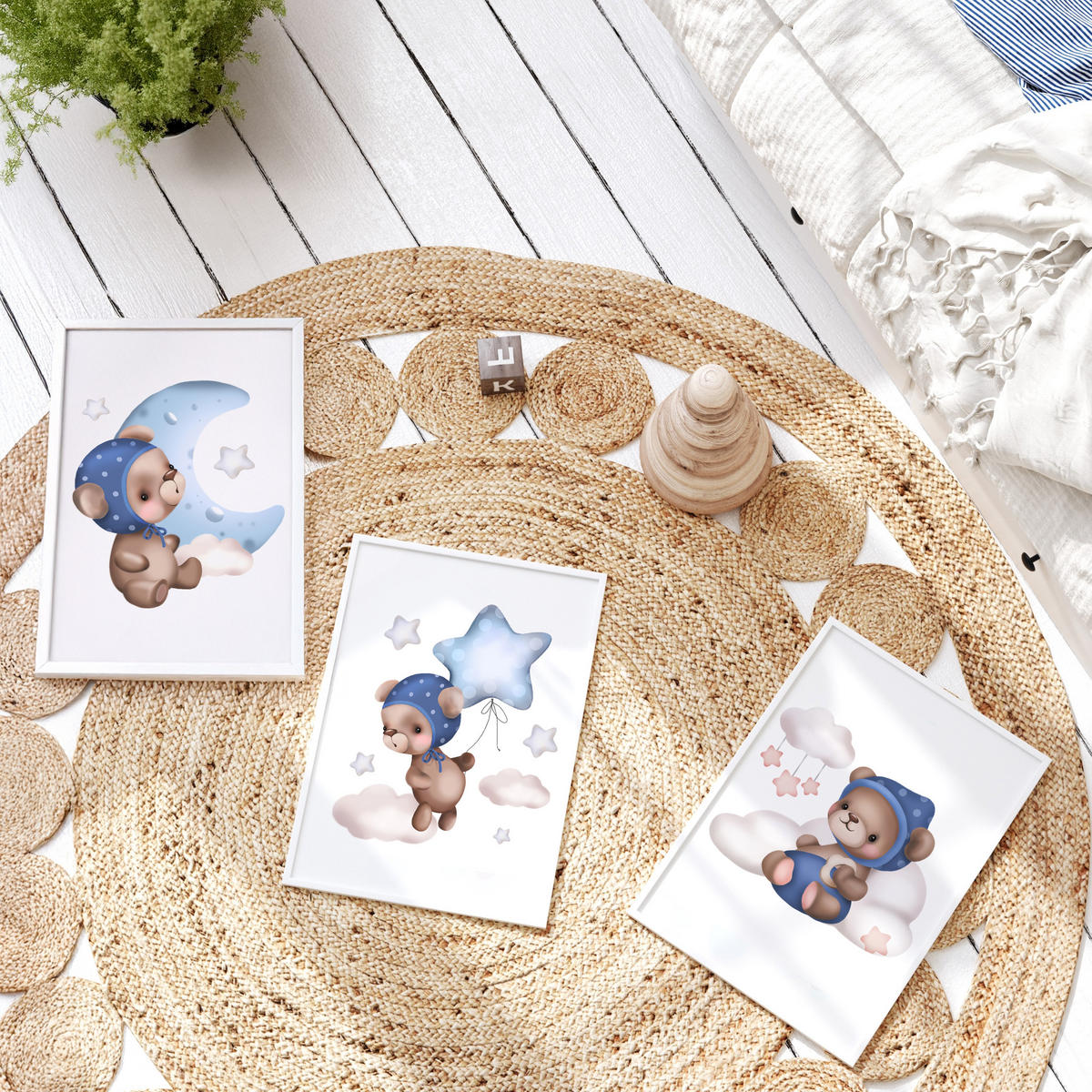 SADA PLAGÁTOV Do Detskej Izby Mackovia Balóny Hviezdy Oblaky 3x Plagát A3 30 x 42 cm - hnedá/biela, papier (30/42/1cm) - Muralo