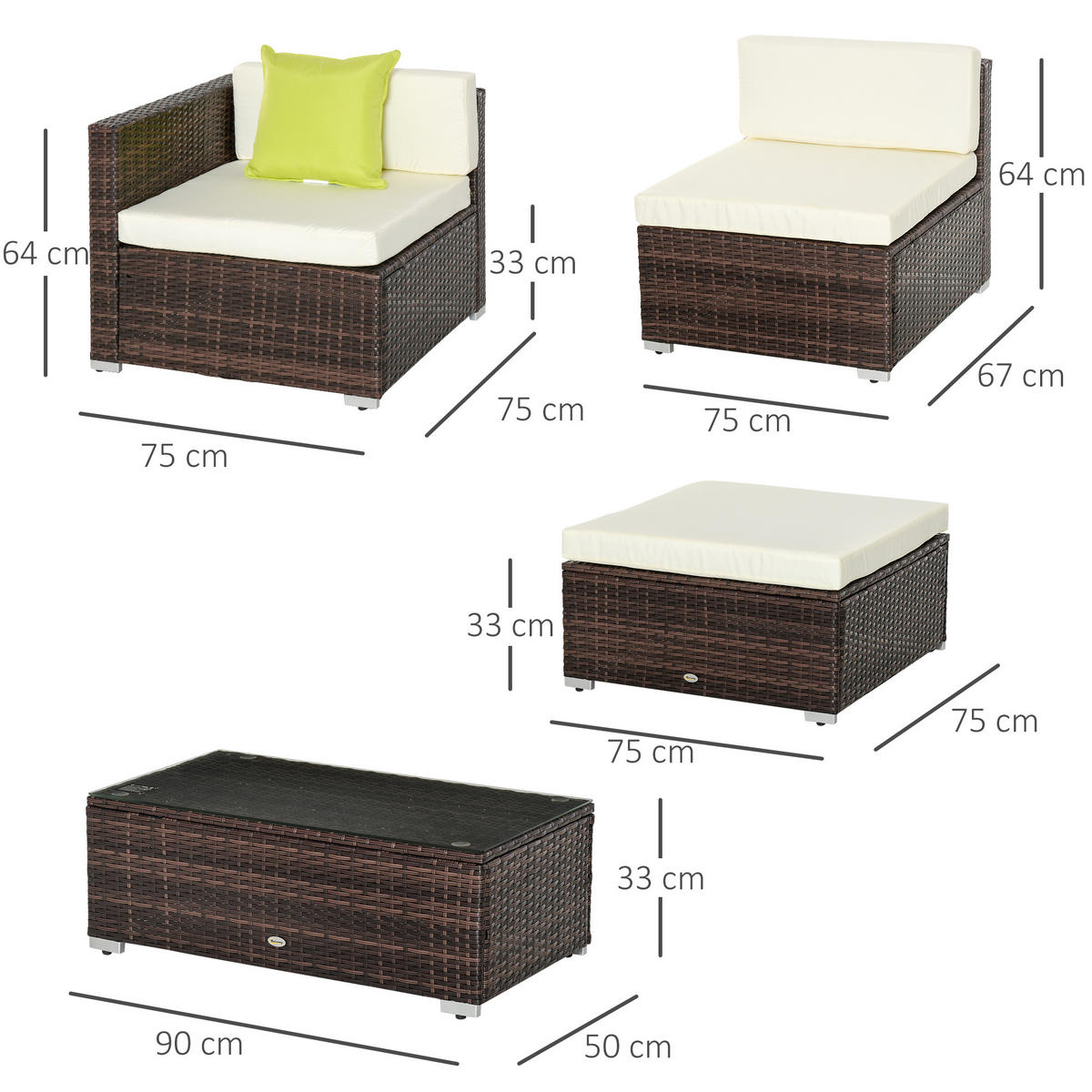 GARTENMÖBEL-SET mit Beistelltisch Kissen Braun - Braun, Kunststoff - Outsunny