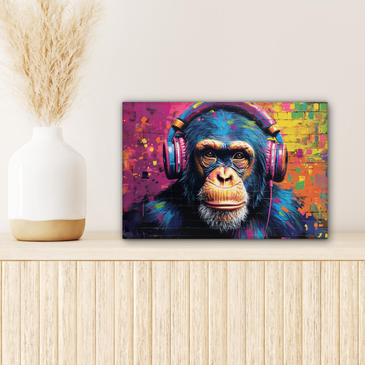 LEINWANDBILD Graffiti - Schimpanse - Straßenkunst - Kopfhörer - Affe Deko Schlafzimmer 30x20 cm - Blau, Textil (30/20cm) - MuchoWow