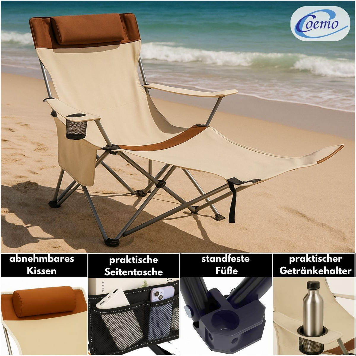 GARTEN LIEGESTUHL klappbar in Beige - Beige, Metall (53/88/156cm) - Coemo