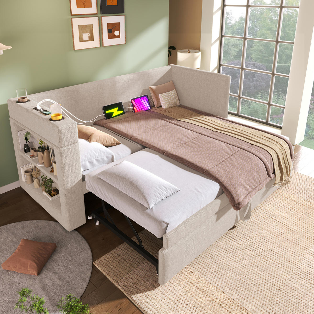 ROZKLÁDACÍ postel 90/190 cm béžová z bavlny a lnu s výsuvným lůžkem a USB nabíjením - béžová, textil (90/190cm) - OKWISH