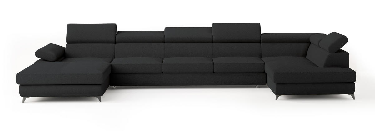 WOHNLANDSCHAFT MONTIVA Schwarz Boucle-Stoff mit Schlaffunktion - Schwarz, Holz (410/89/190cm) - MASSENO