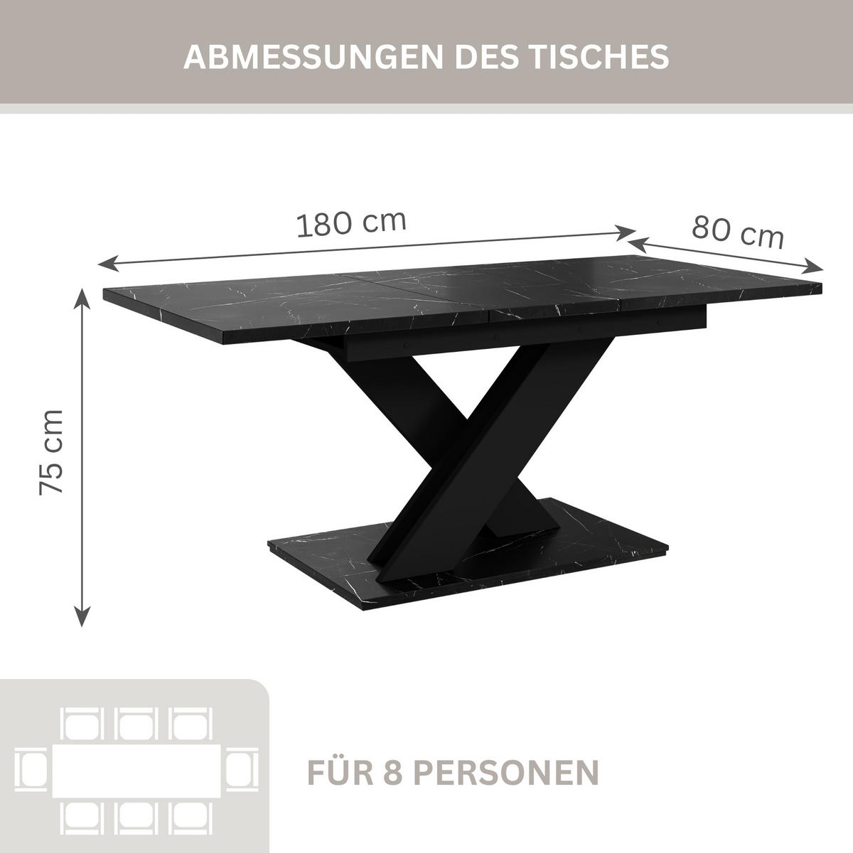 ESSTISCH Royal Schwarz Marmoptik Ausziehbar 140 - 180 cm - Schwarz, Holzwerkstoff (140/80/75cm) - PROSPERO