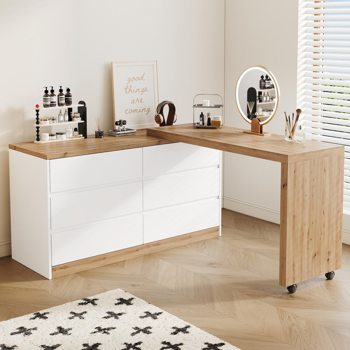 SCHREIBTISCH Klappbar Drehbar Rollen Weiß Eiche Modern - Multicolor, Holzwerkstoff (50/120/78cm) - FLIEKS