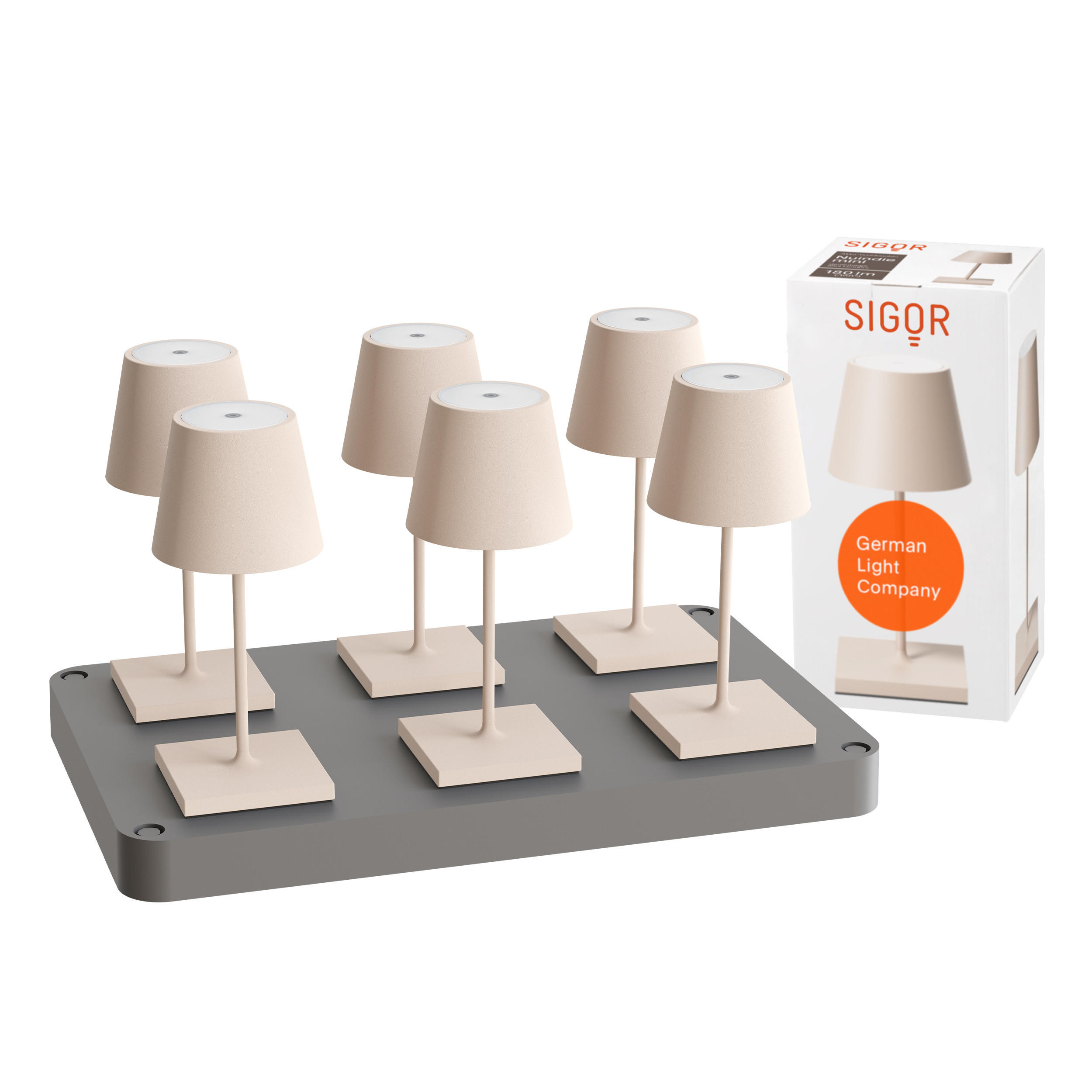 LED Akku-Tischlampe, Nuindie mini 3.0 6er-Set mit Ladestation, dünenbeige - Beige, Metall (25/10/25cm) - Sigor