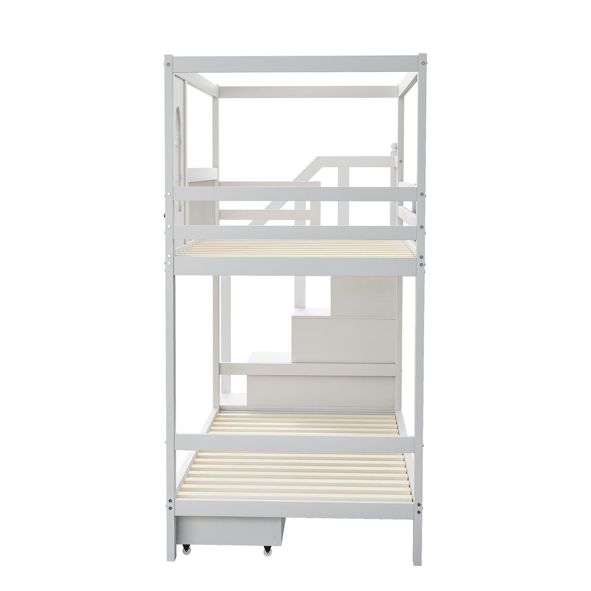 ETAGENBETT 90/200 cm weiß aus massivem Holz mit Sicherheitsleiter und Aufbewahrung - Weiß, Holz (90/200cm) - OKWISH