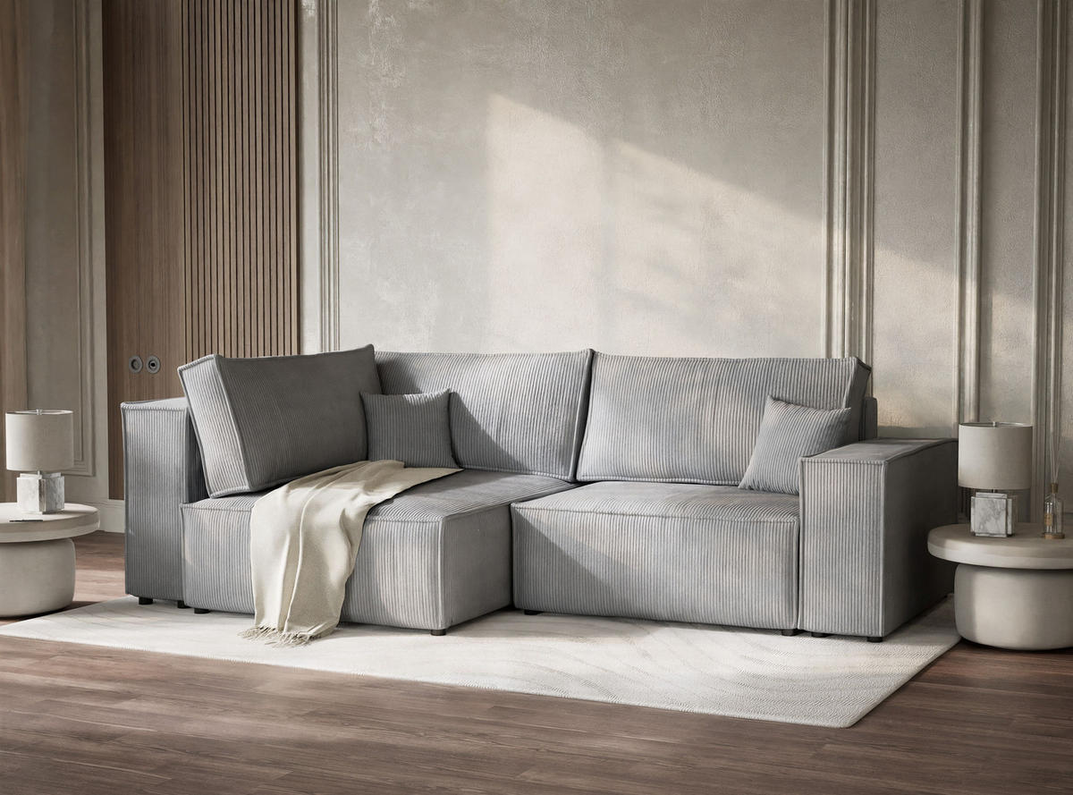 ECKSOFA MIT SCHLAFFUNKTION Tonga Hellgrau Samtstoff - Hellgrau/Schwarz, Holz/Holzwerkstoff (105/225cm) - Maison de Reve