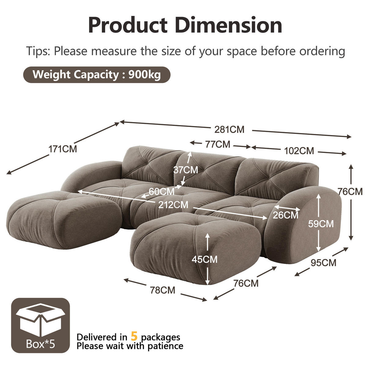 MODULSOFA U-Form Chenille Brown mit 2 Hockern - Braun, Kunststoff (171/76/281.1cm) - Meubliv