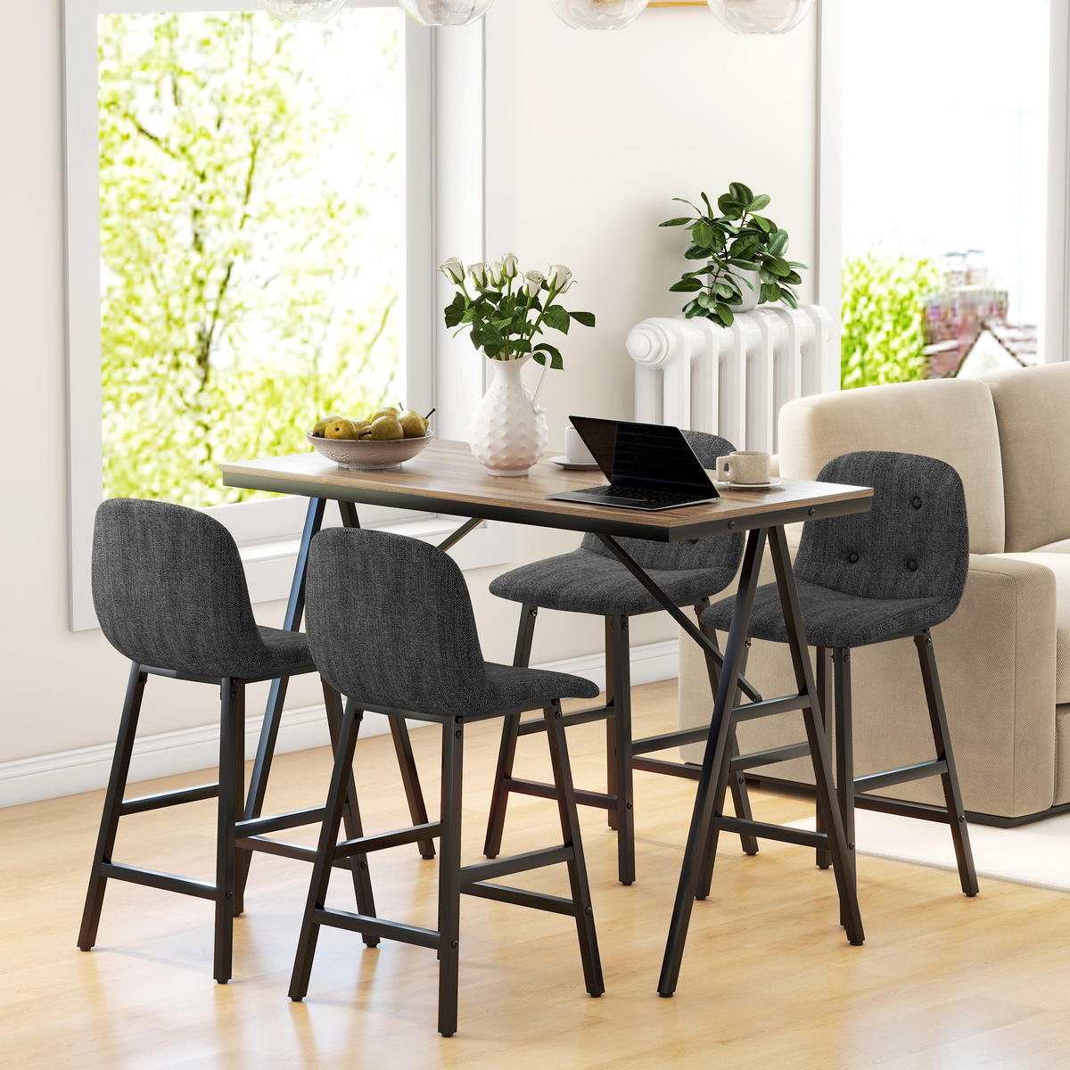 BARTISCH mit Barhocker Set, 5-teilig Essgruppe, Küchentisch, Bartisch Set, Braun - Dunkelgrau, Holzwerkstoff/Kunststoff (60/91/120cm) - HOMCOM