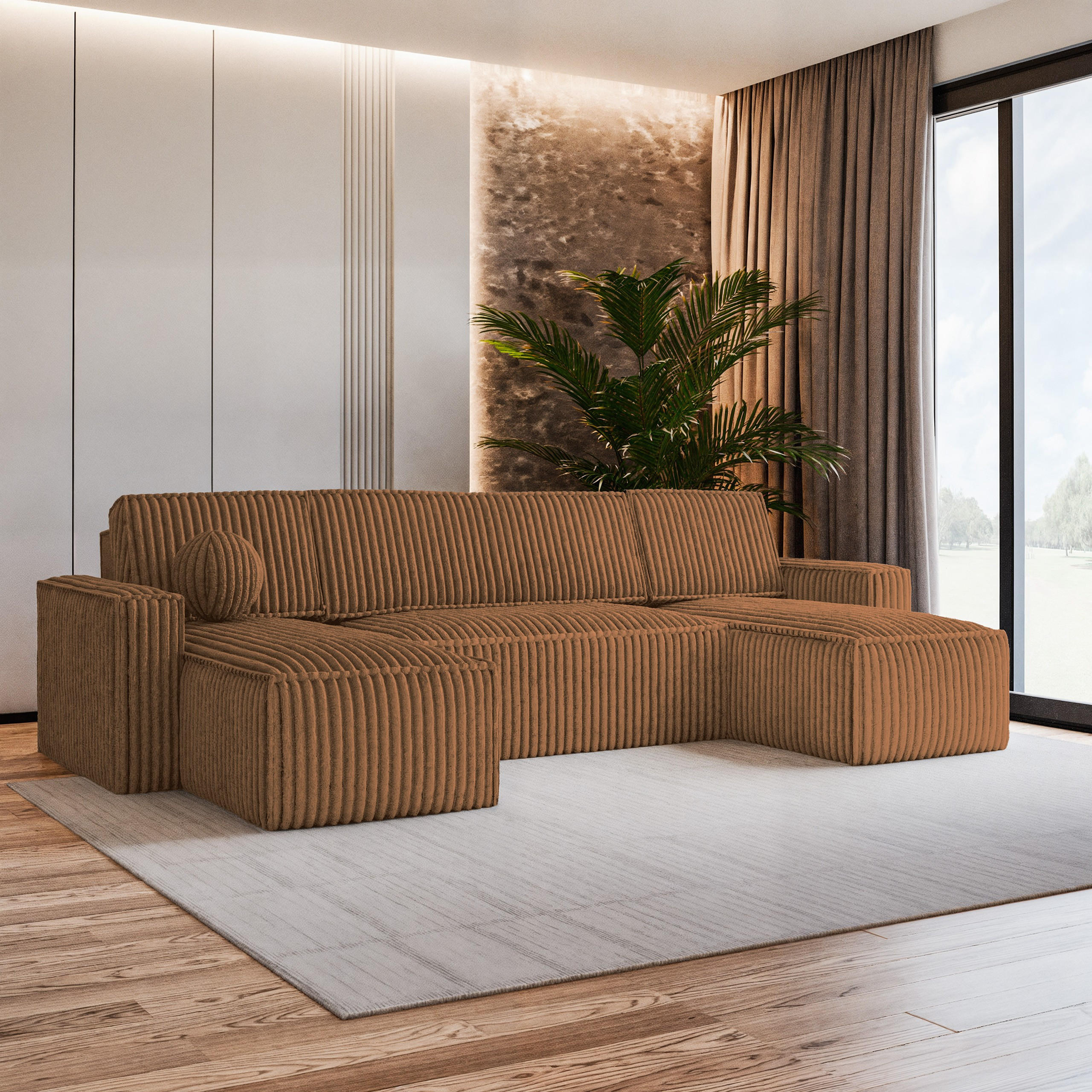 WOHNLANDSCHAFT PESANO T Kupferfarben Kordstoff mit Schlaffunktion - Kupferfarben, Holz (306/85/140cm) - MASSENO