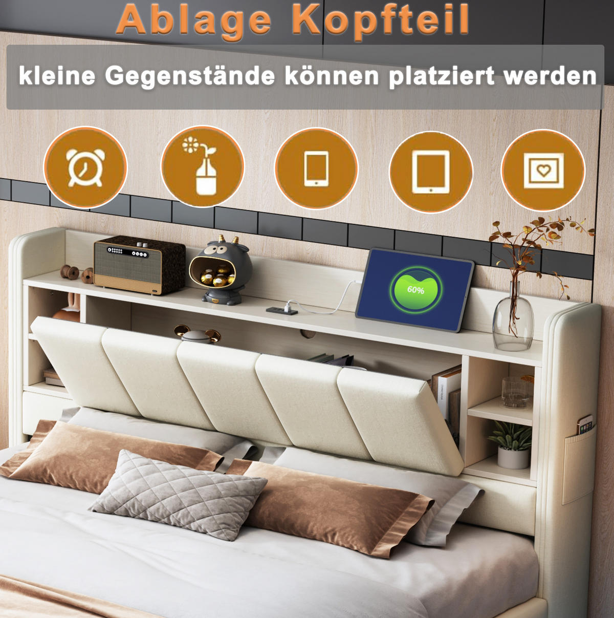 POLSTERBETT mit Stauraum, LED und USB 140x200 cm Beige - Beige, Metall (140/200cm) - Meubliv