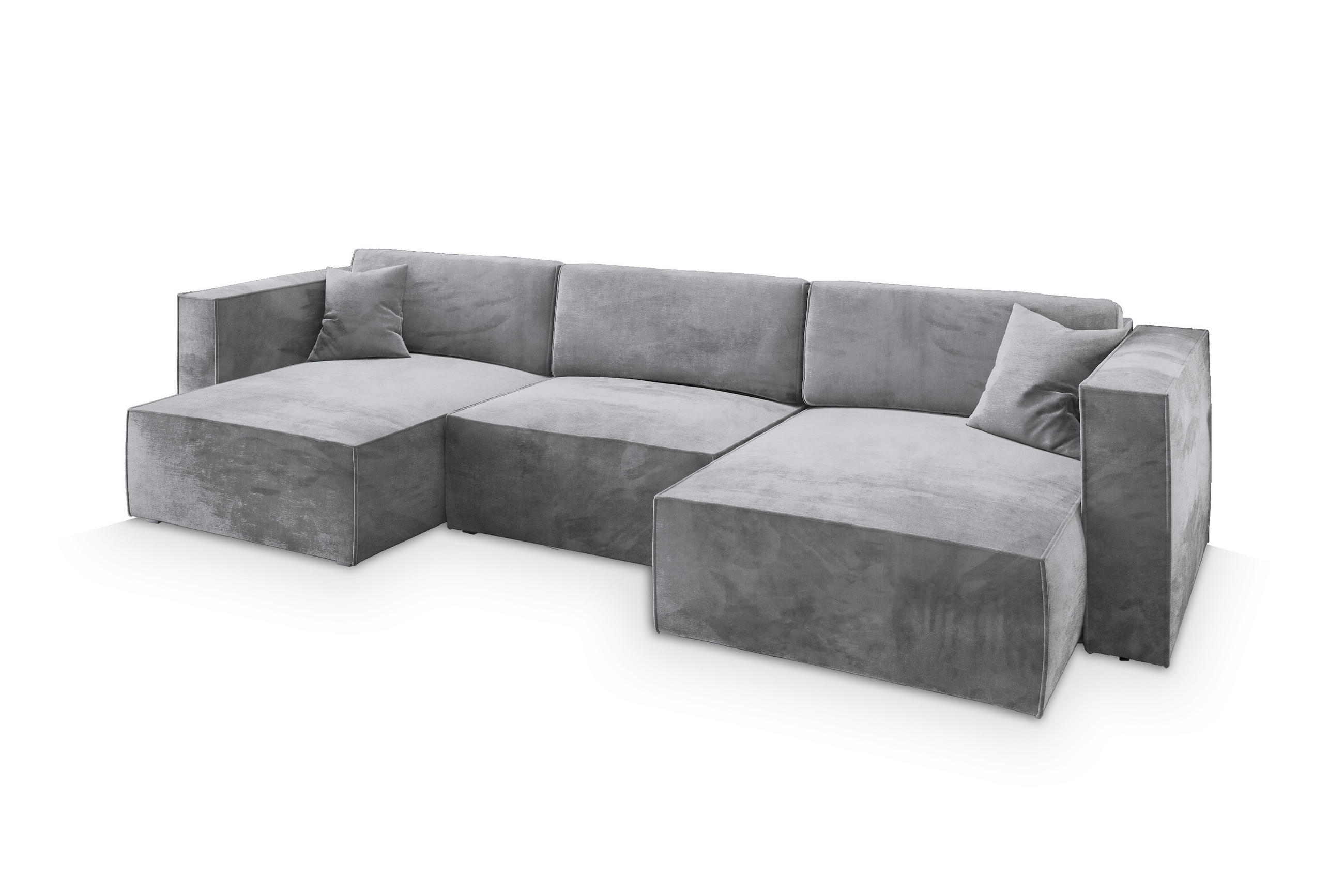 WOHNLANDSCHAFT SARMO M Hellgrau Velours-Stoff mit Schlaffunktion - Hellgrau, Holz (347/70/148cm) - MASSENO