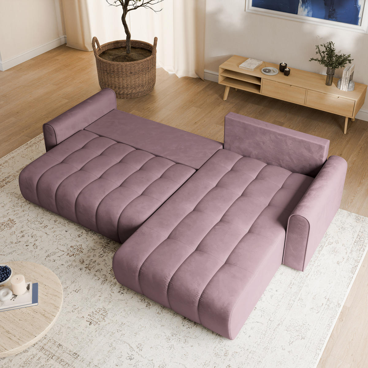 ECKSOFA FRIGA Lila Velours-Stoff mit Schlaffunktion - Lila, Holz (283/185cm) - MASSENO