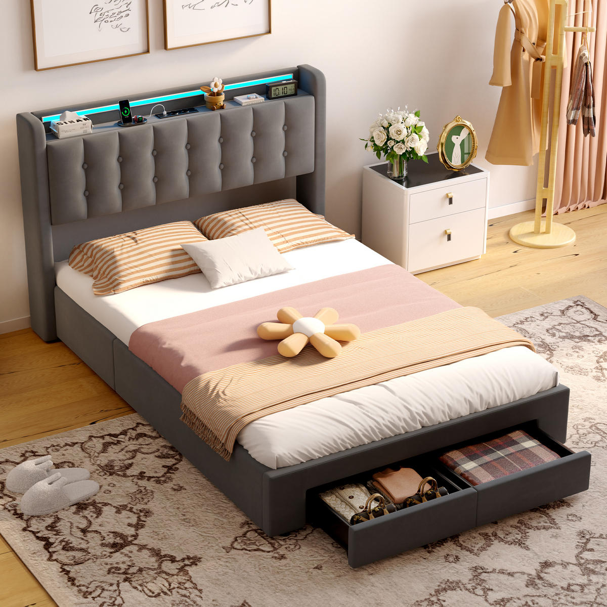POLSTERBETT 140/200 cm in Grau, Samt, mit Bettkasten, USB, LED, Stauraum und Schubladen, ohne Matratze - Grau, Holzwerkstoff/Textil (140/200cm) - WISHDOR