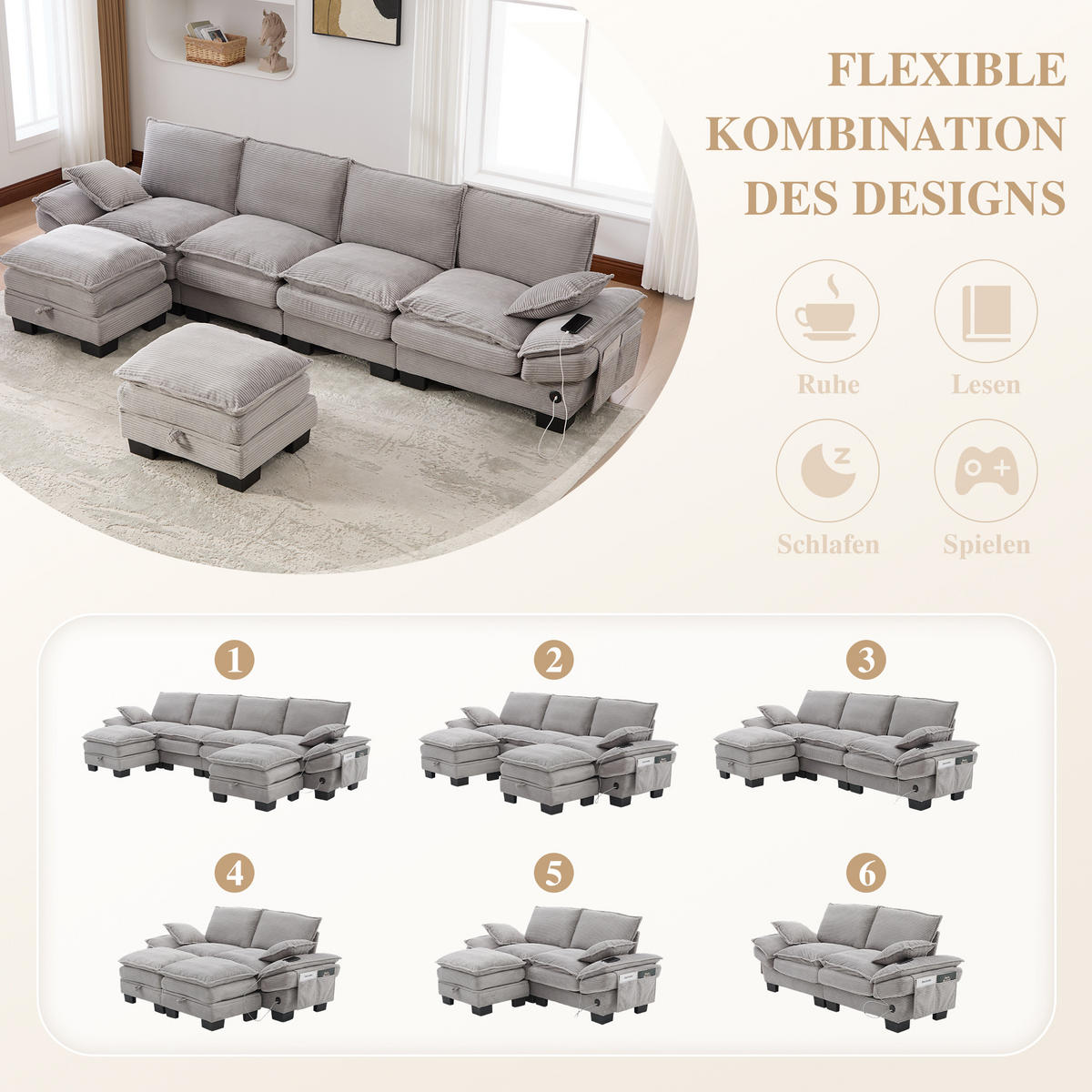 WOHNLANDSCHAFT Cord Hellgrau mit 2 Hocker, USB-C und Seitentaschen - Hellgrau, Holzwerkstoff/Kunststoff (330/84/132cm) - WISHDOR