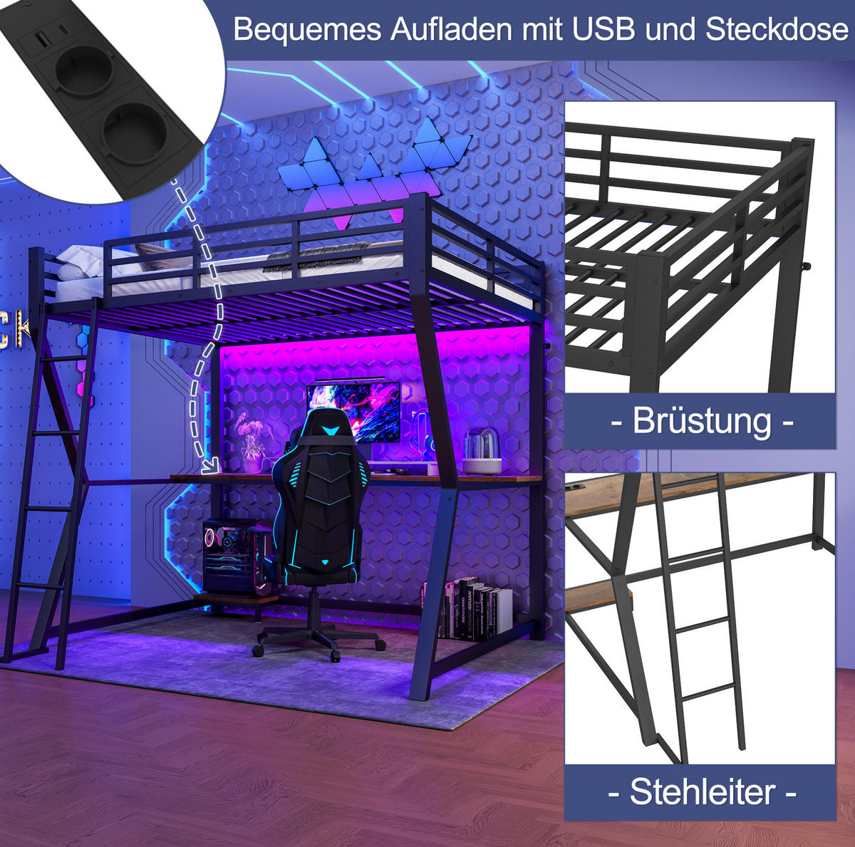 HOCHBETT 140/200 cm aus Metall mit Schreibtisch, LED-Beleuchtung und USB - Schwarz, Metall (140/200cm) - Flora Grace