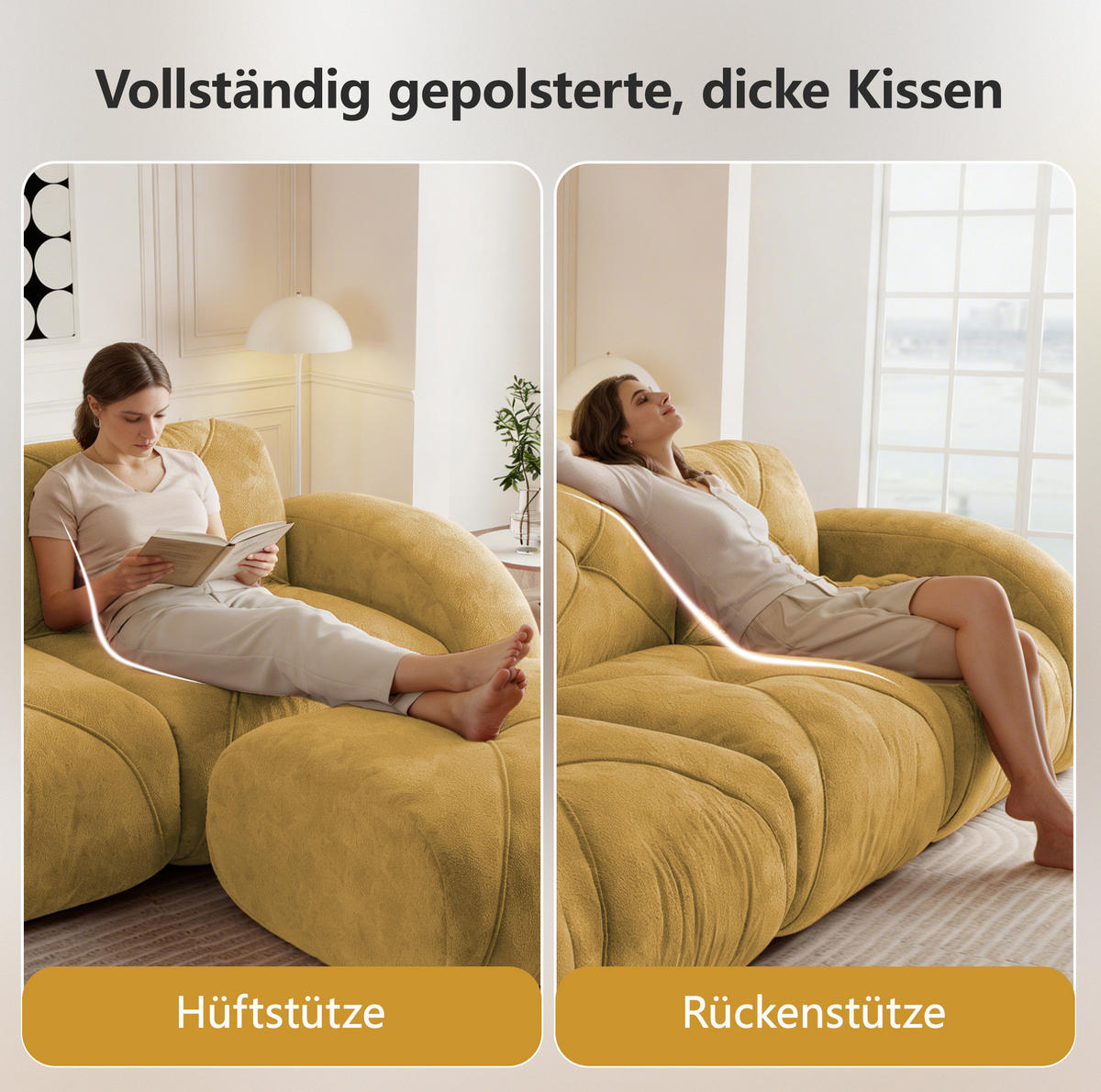 MODULARES 2-Sitzer-Sofa mit Hocker, rahmenloses Design und 32D-Schaumstoff, Gelb - Gelb, Textil (204/76/171cm) - Redom