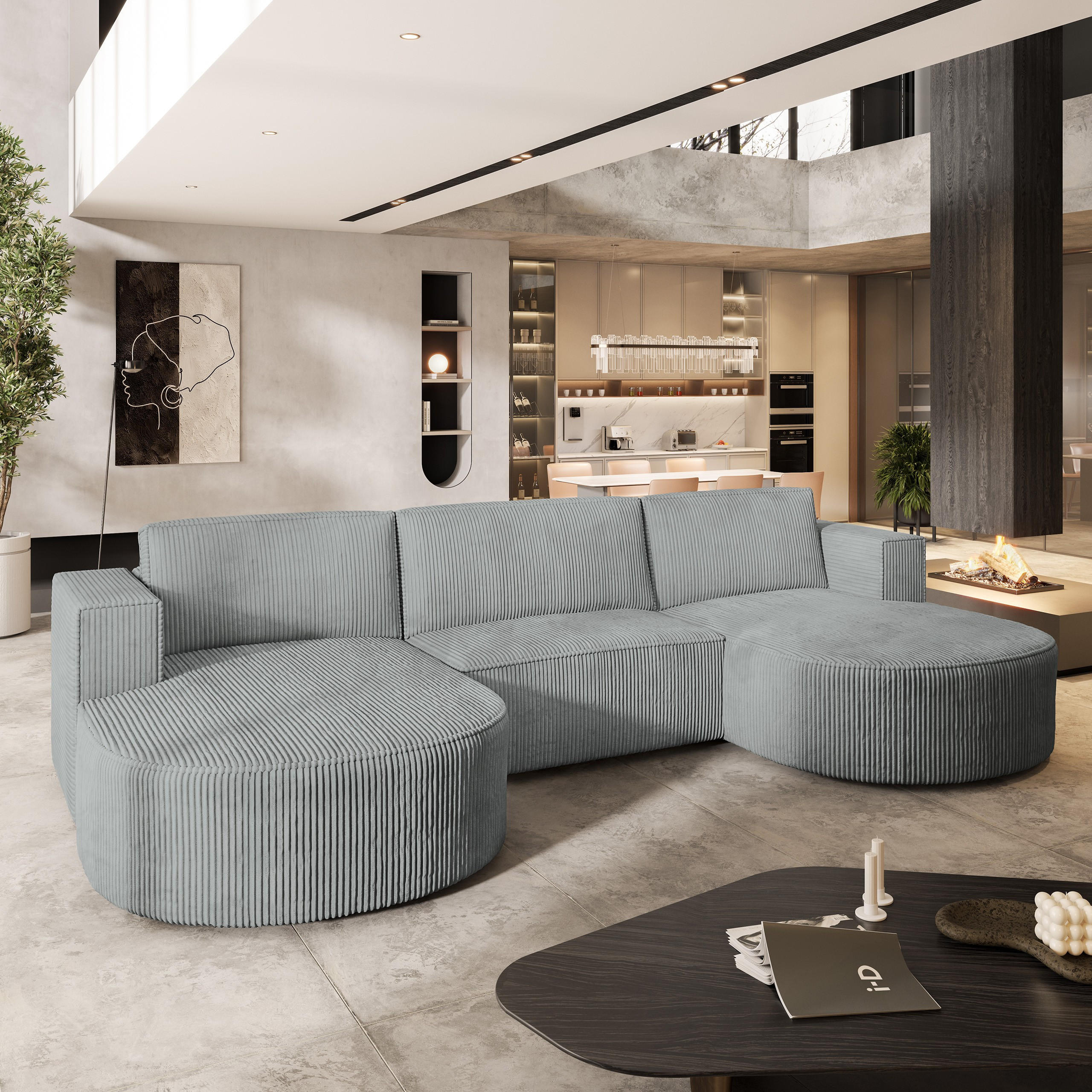 WOHNLANDSCHAFT VEZZO P Hellgrau Kordstoff mit Schlaffunktion - Hellgrau, Holz (347/85/174cm) - MASSENO