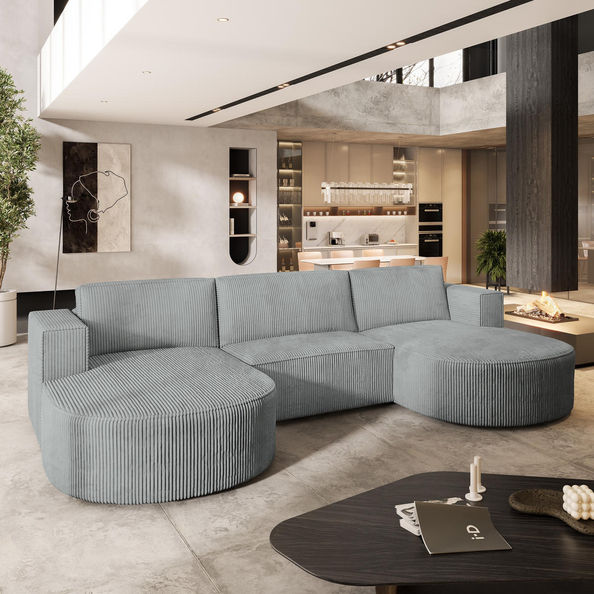 WOHNLANDSCHAFT VEZZO P Hellgrau Kordstoff mit Schlaffunktion - Hellgrau, Holz (347/85/174cm) - MASSENO