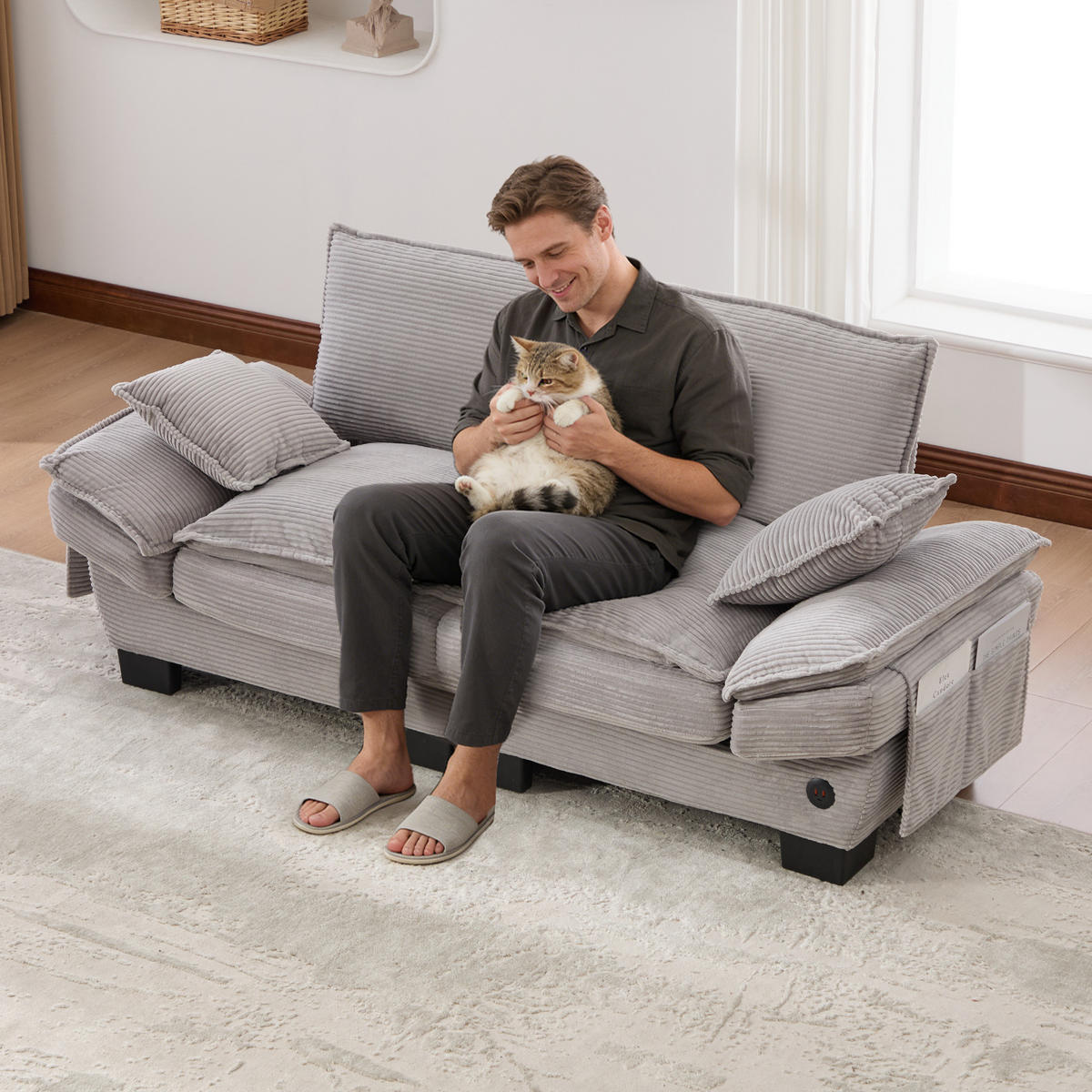 2-SITZER SOFA Cord Hellgrau mit USB-C und Seitentaschen - Hellgrau, Holzwerkstoff/Kunststoff (190/84/73cm) - WISHDOR