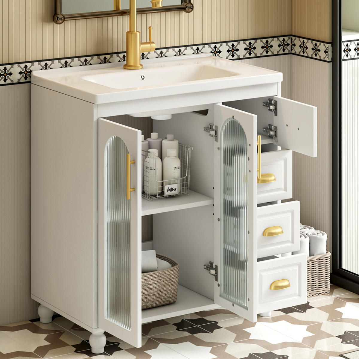 BADEZIMMERSCHRANK mit Becken 80x47x90 cm Weiß aus Porzellan & MDF mit 2 Schränken & 3 Schubladen - Weiß, Holzwerkstoff (80/90/47cm) - Modfu