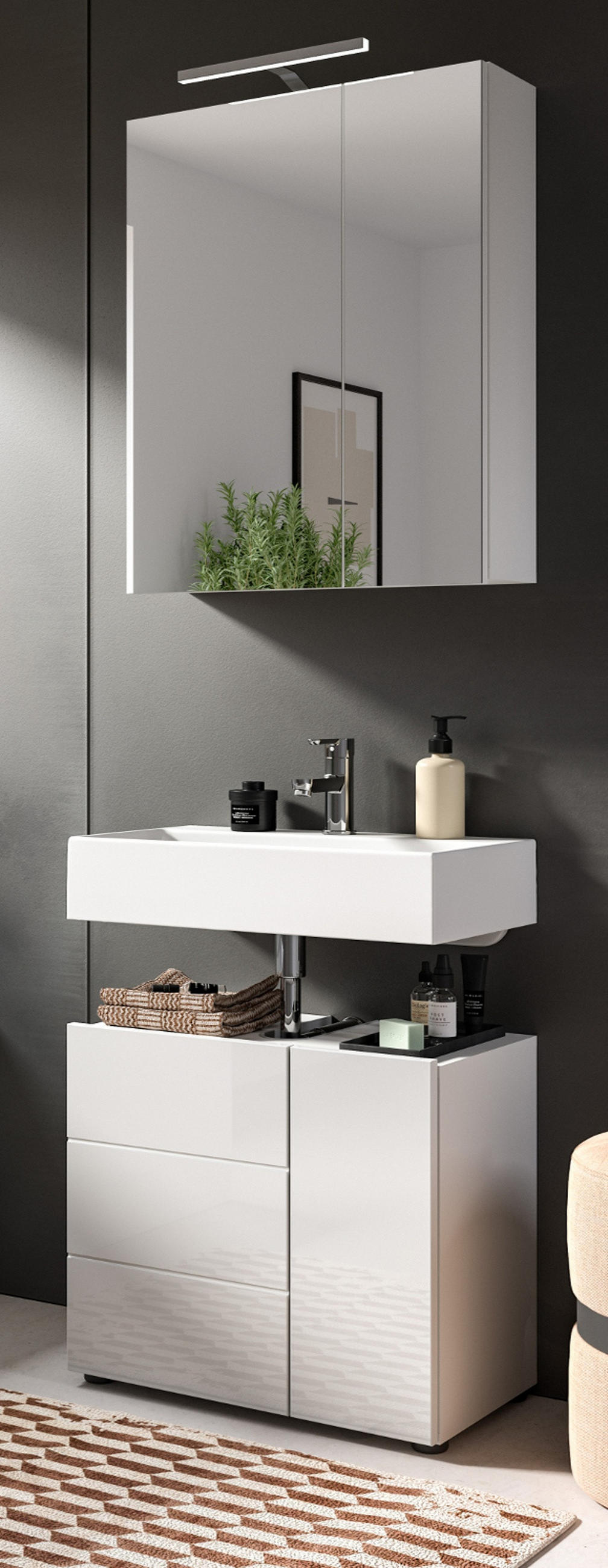 BADMÖBEL-SET 2-teilig weiß Hochglanz, Badkombination 60 x 190 cm - Weiß Hochglanz, Glas/Holzwerkstoff (60/190/34cm) - Inn.Furn