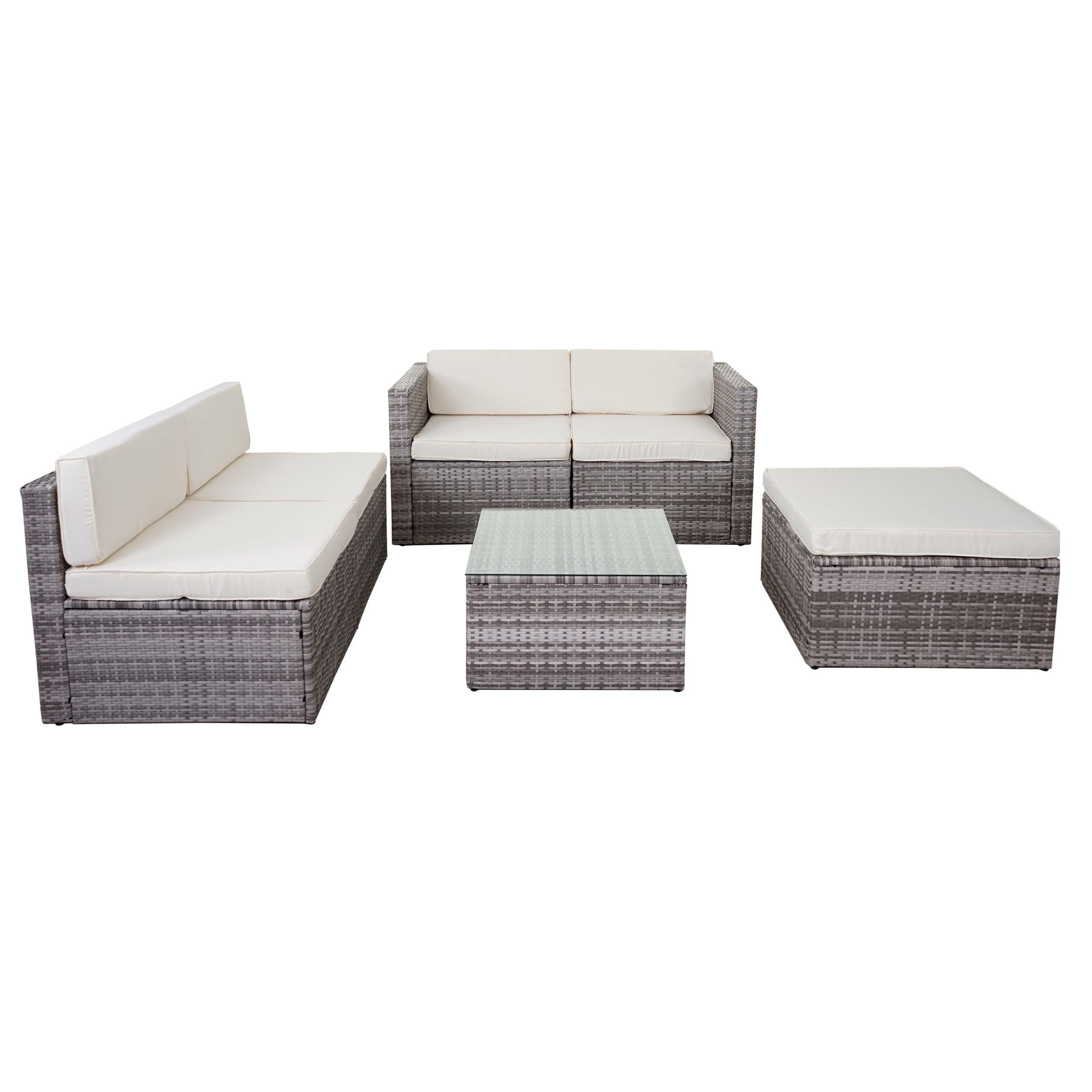 GARTEN-SET Poly-Rattan Grau Polster Creme - Grau, Textil - PROREGAL