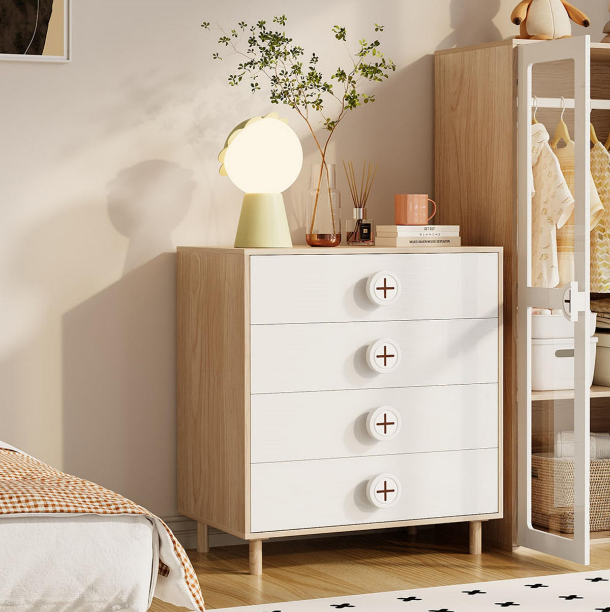 KOMMODE 80/54/90 cm mit 4 Schubladen und Kippschutz in Weiß/Natur - Naturfarben, Holzwerkstoff (54/90/80cm) - BEAOK