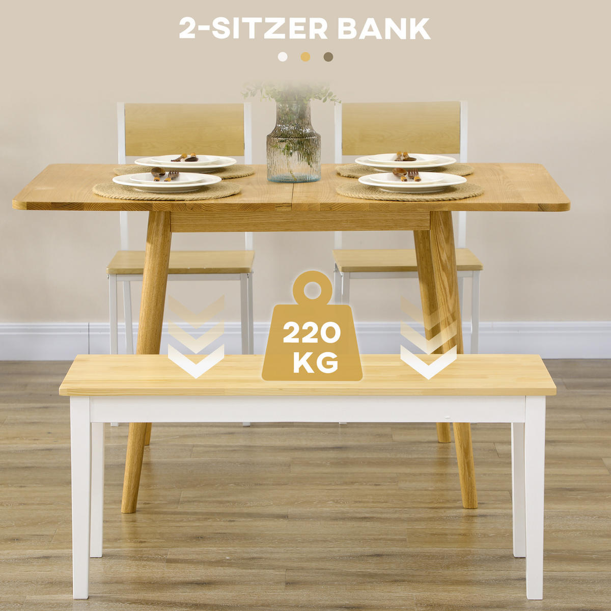 SITZBANK 2-Sitzer Essbank Holzbank, Küchenbank für Eingang bis 220 kg belastbar - Naturfarben/Weiß, Holz (36/45/102cm) - HOMCOM