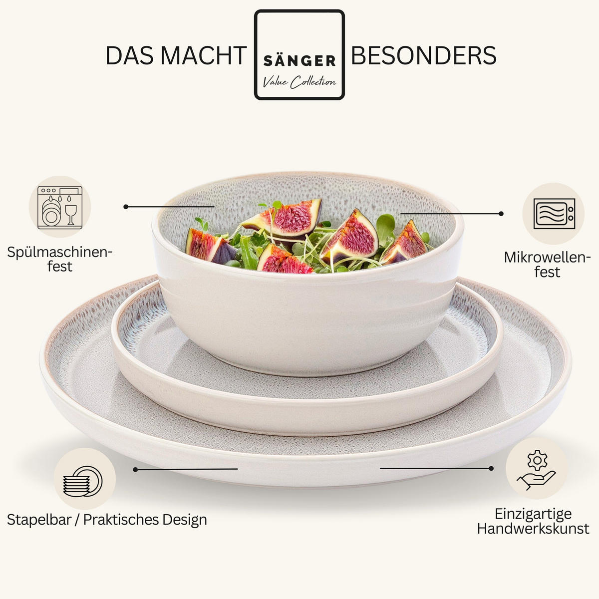 KOMBISERVICE KRETA - 30 teilig aus Steingut - Creme, Stein (27/9.5/27cm) - Sänger