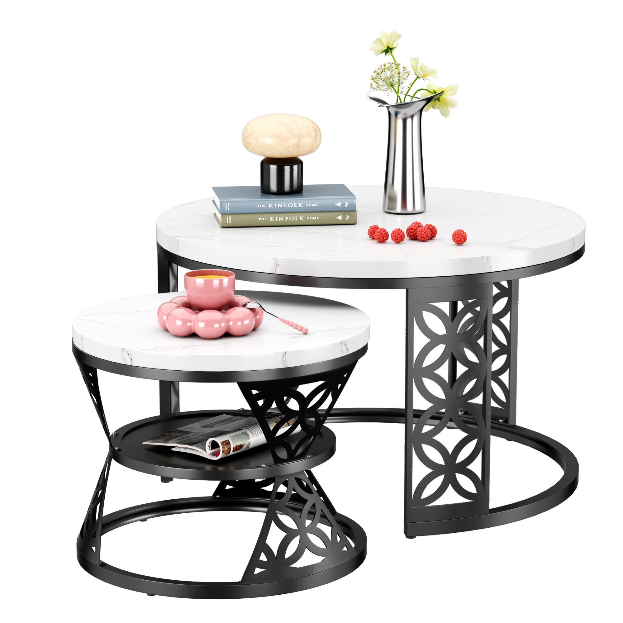 COUCHTISCH 2er Set 70/70/45 cm in Weiß und Schwarz aus MDF mit Metallgestell - Schwarz/Weiß, Holzwerkstoff/Metall (70/70/45cm) - CHICFURN